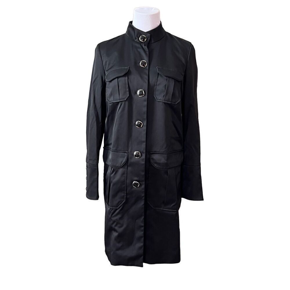 Dana Buchman‎ Black Trench Coat Zebra Lining Mandarin Collar sz XS Weathergear